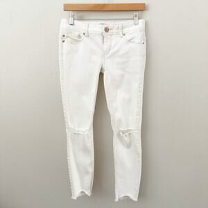 FREE PEOPLE | Destroyed Distressed Skinny Ankle Jeans White Tan Topstitch | 26